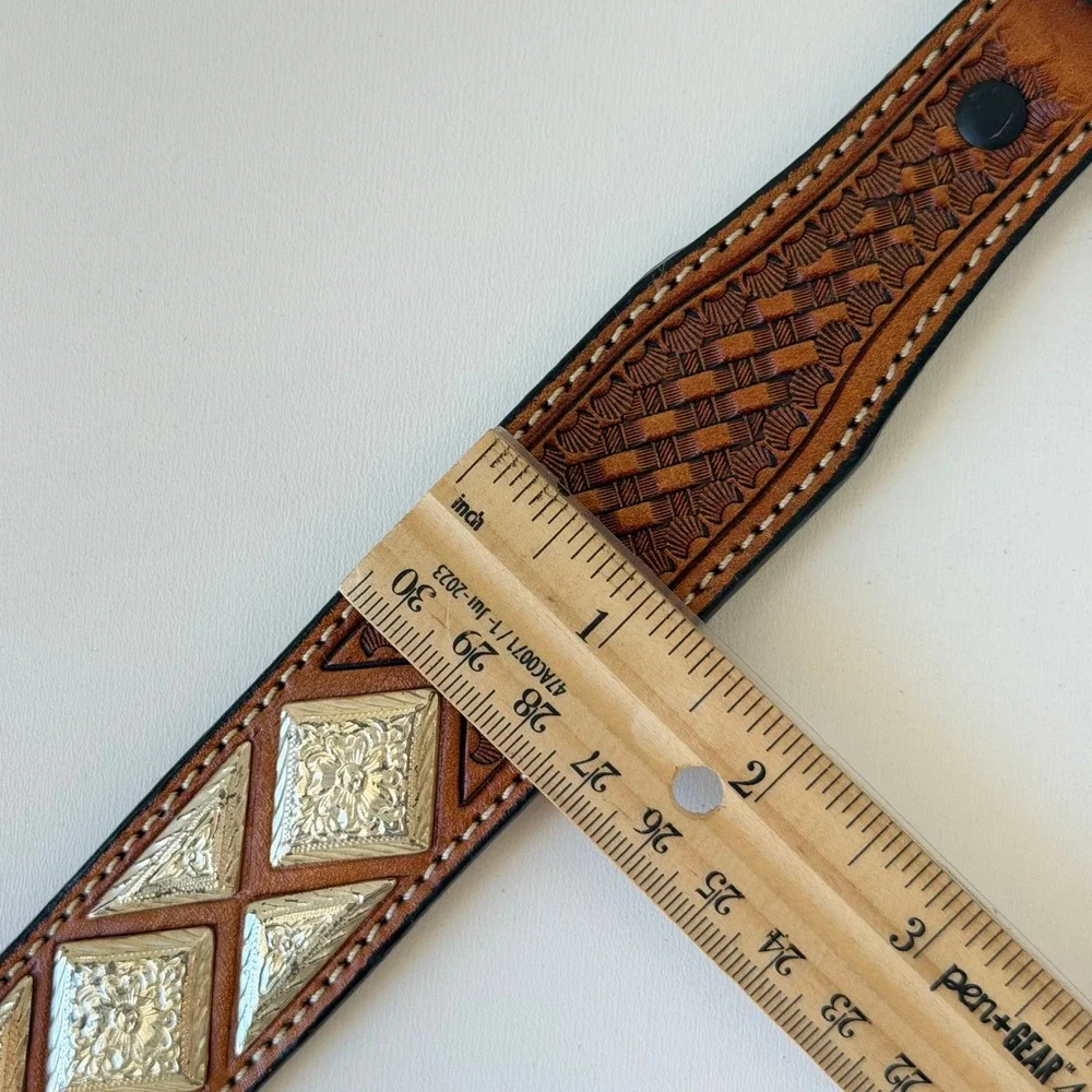 Vintage Nocona Western Belt Womens 30 Brown Tooled Leather Silver Concho Studded